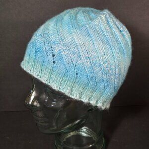 Handmade Knit Hat Blue Teal Ocean Swirl Design Warm Winter Cap Wool Blend